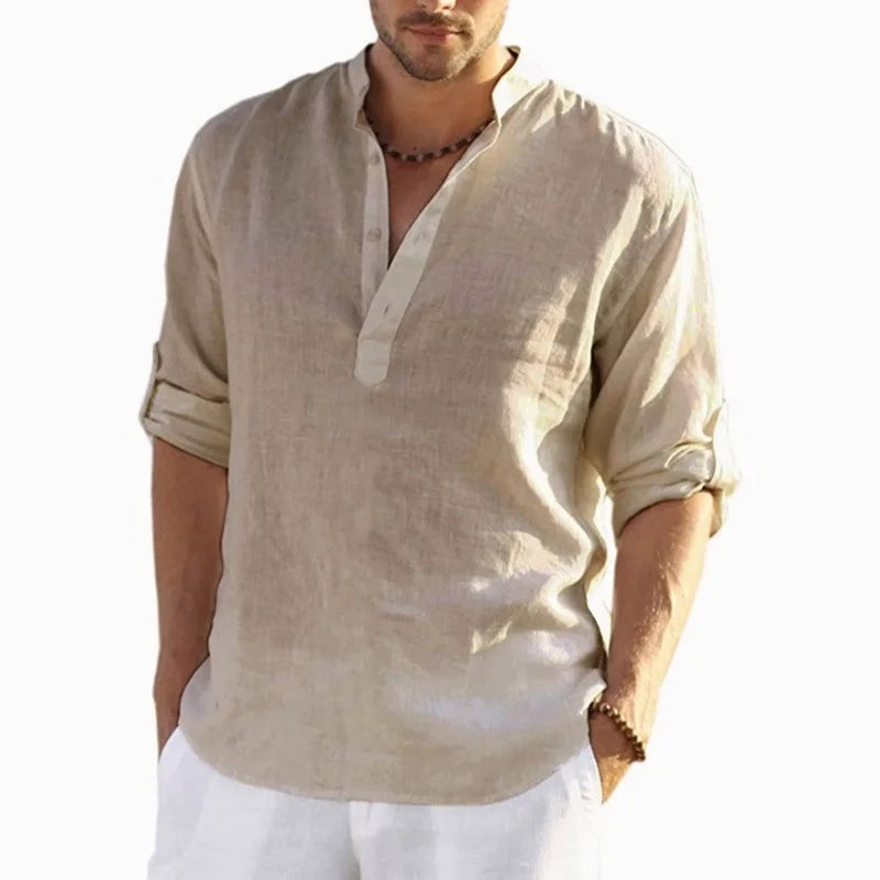 New Men'S Linen Long Sleeve T-Shirt Solid Color Loose Spring T-Shirt Long Sleeve Cotton Linen Shirt plus Size Shirts Men