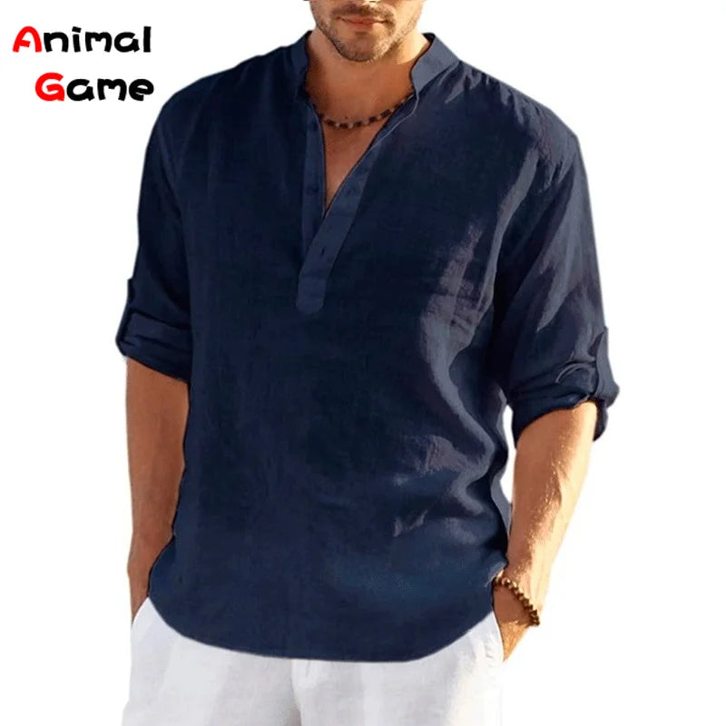 New Men'S Linen Long Sleeve T-Shirt Solid Color Loose Spring T-Shirt Long Sleeve Cotton Linen Shirt plus Size Shirts Men