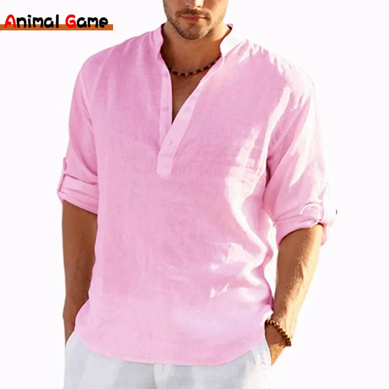 New Men'S Linen Long Sleeve T-Shirt Solid Color Loose Spring T-Shirt Long Sleeve Cotton Linen Shirt plus Size Shirts Men