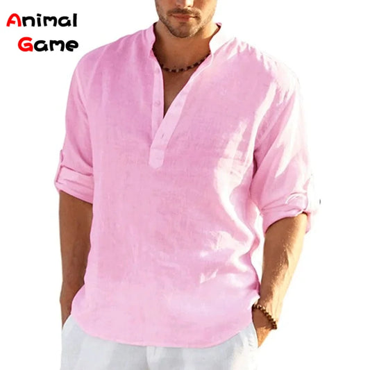 New Men'S Linen Long Sleeve T-Shirt Solid Color Loose Spring T-Shirt Long Sleeve Cotton Linen Shirt plus Size Shirts Men