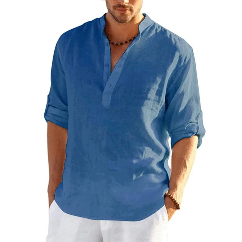 New Men'S Linen Long Sleeve T-Shirt Solid Color Loose Spring T-Shirt Long Sleeve Cotton Linen Shirt plus Size Shirts Men