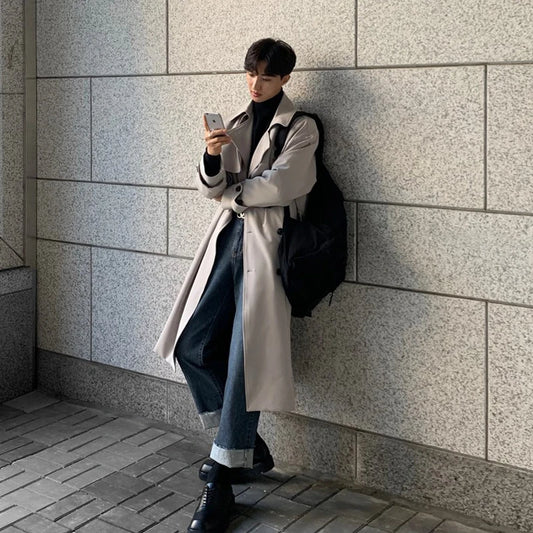 Trench Coat Brand New Spring Trench Korean Men'S Fashion Overcoat Male Long Windbreaker Streetwear Men Coat Outer Wear Clothing